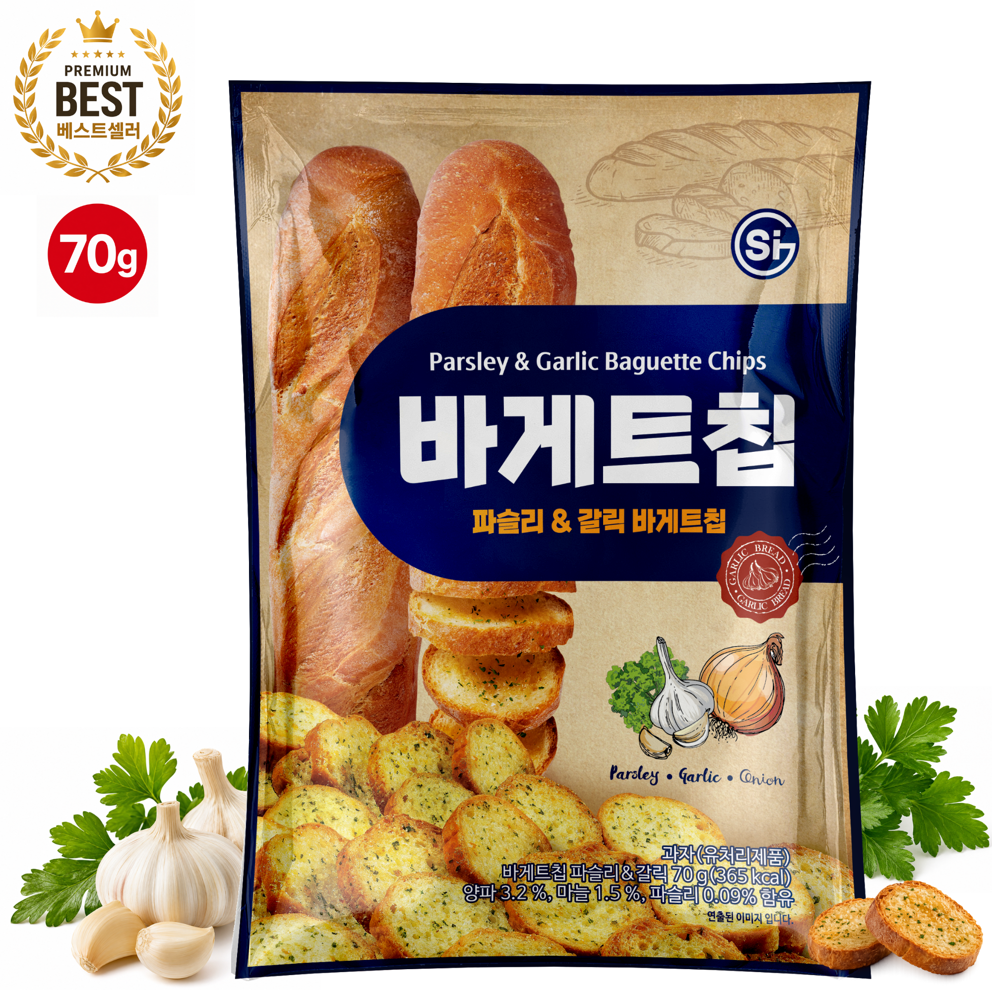 [11,400원 이상 무료배송] 통바게트 크리스피 바게트칩 파슬리 앤 갈릭 70g 1개