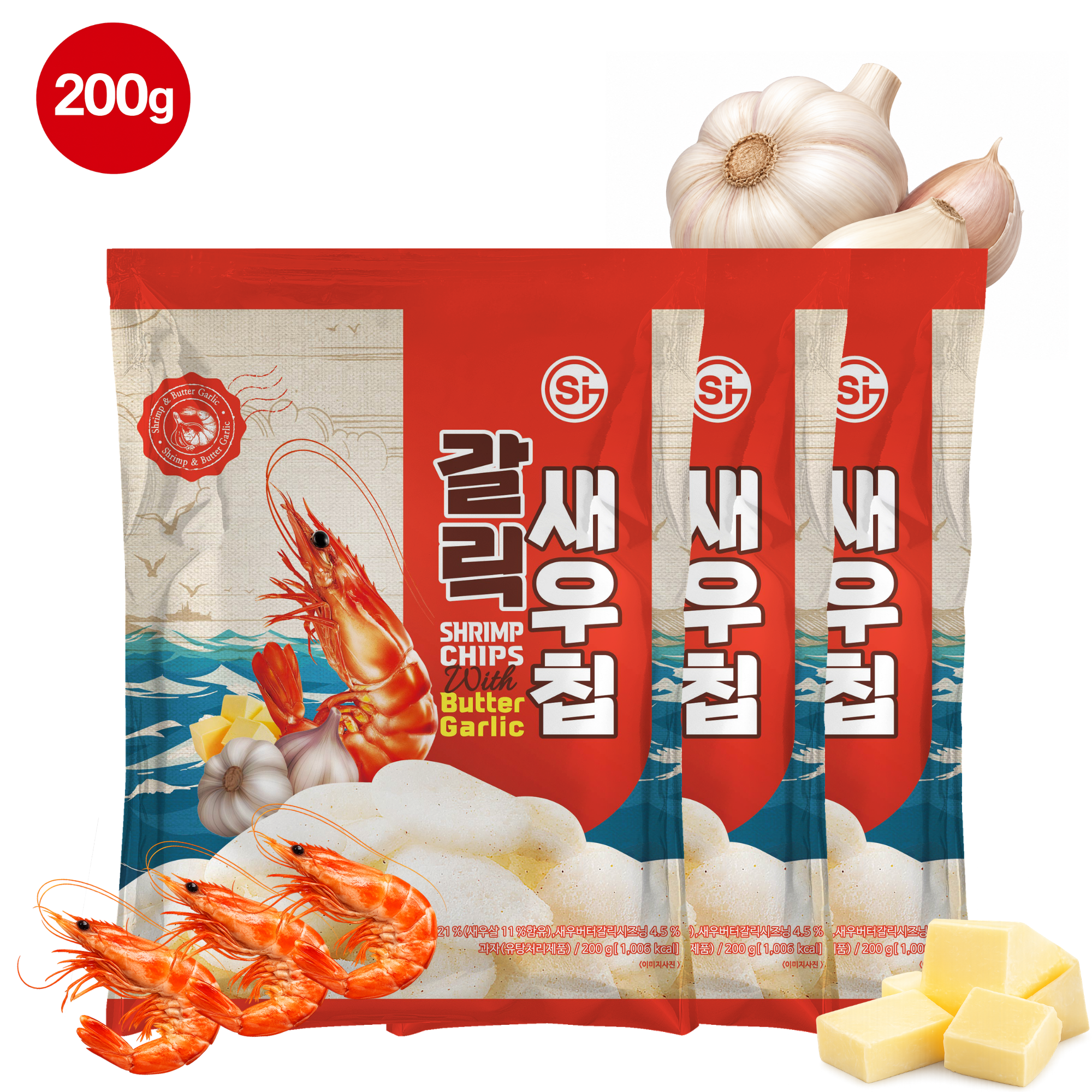 [17,500원 이상 무료배송] 갈릭새우칩 버터갈릭 새우과자 200g 3개