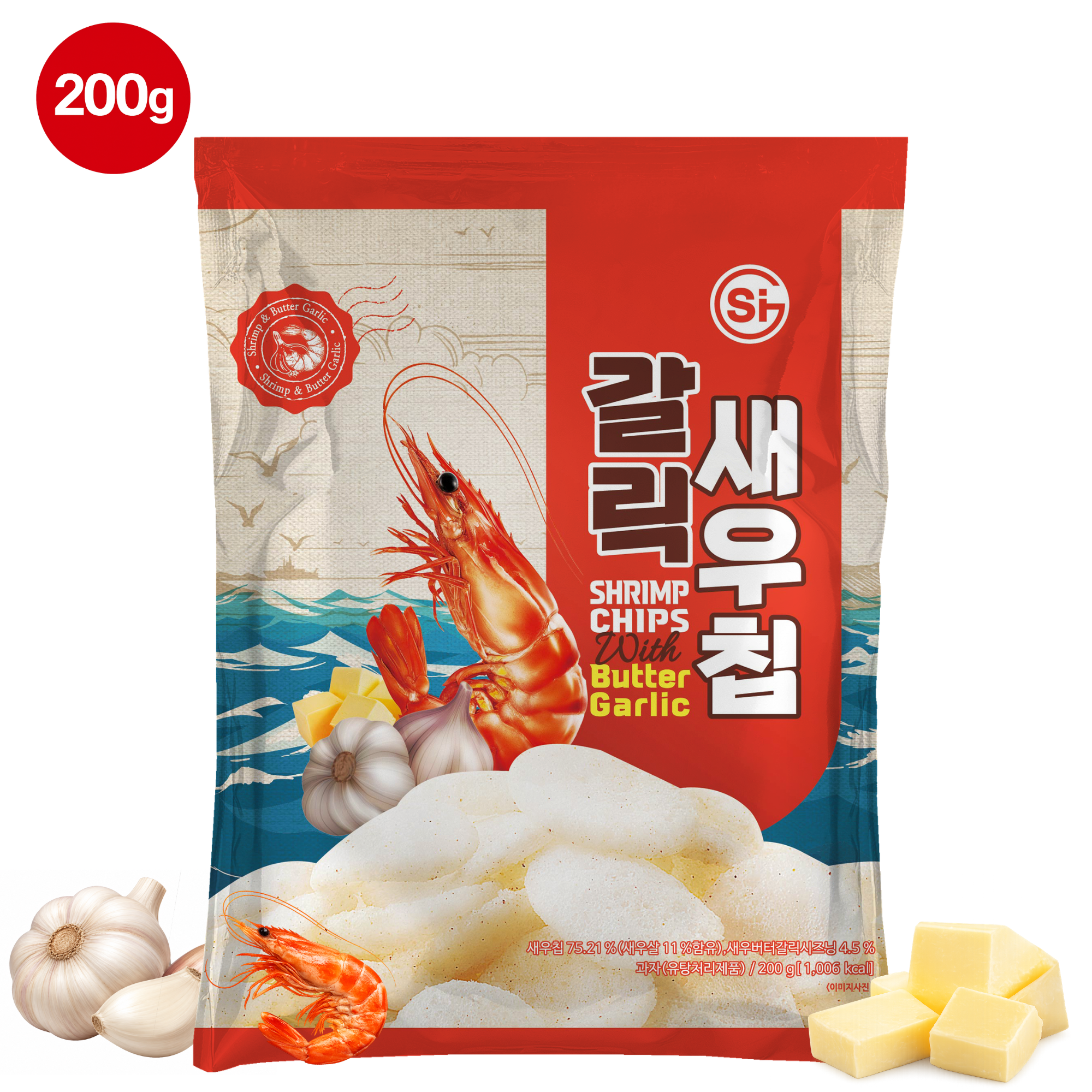 [17,500원 이상 무료배송] 갈릭새우칩 버터갈릭 새우과자 200g 1개
