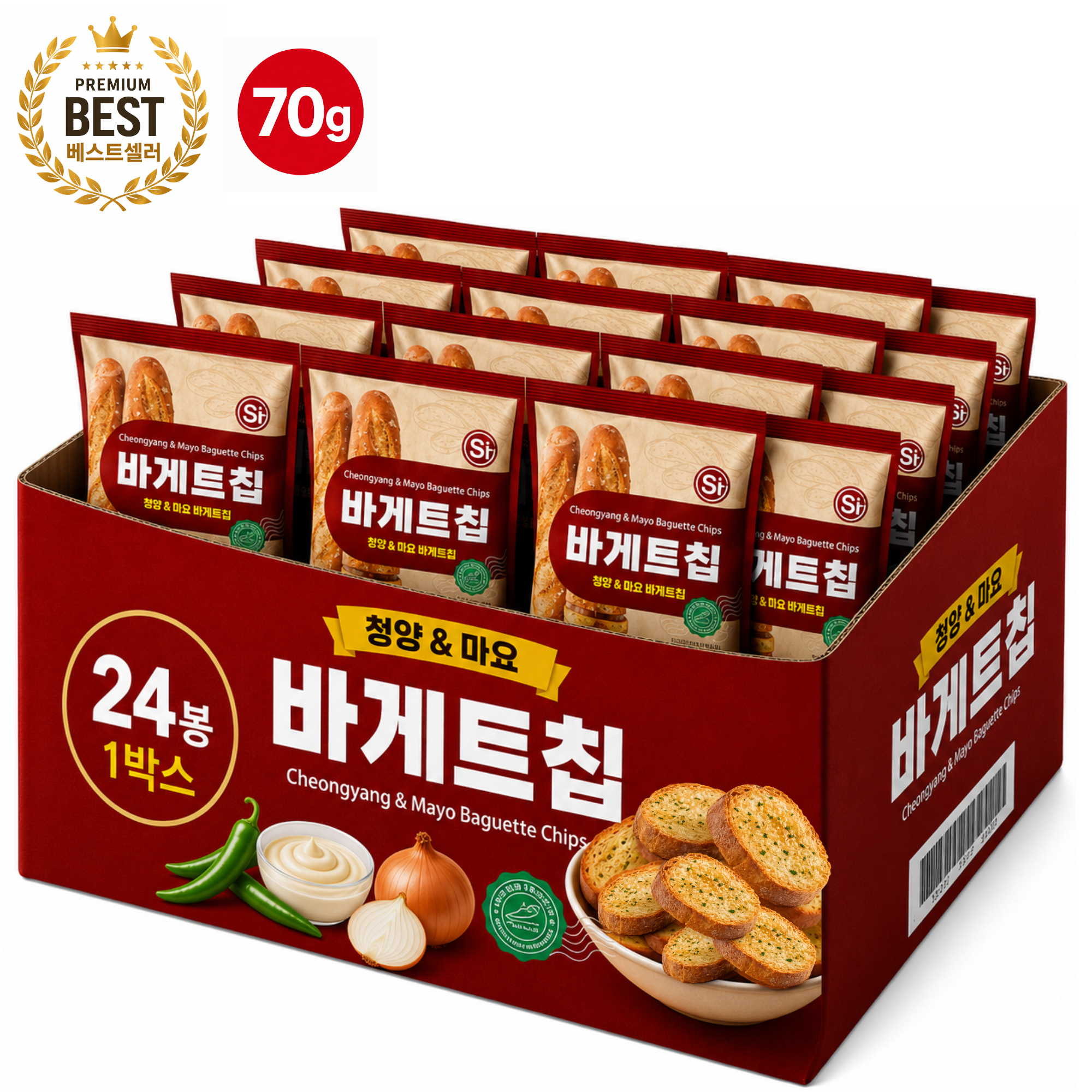 [무료배송] 통바게트 크리스피 바게트칩 청양마요 70g 24개
