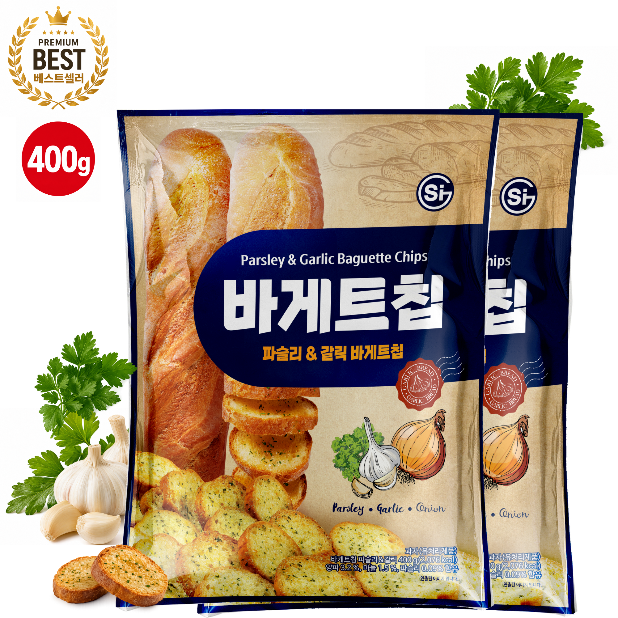 [무료배송] 통바게트 크리스피 바게트칩 파슬리 앤 갈릭 400g 2개 1